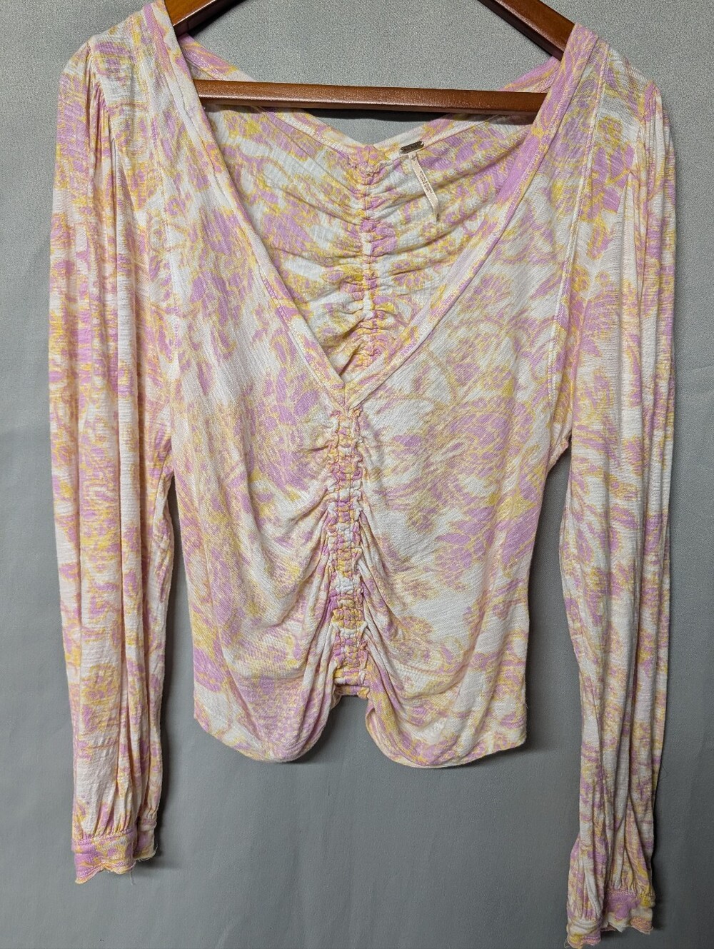 Free People "Say The Word" Ruched Pink/ Yellow V-Neck Long Sleeve Top Size M